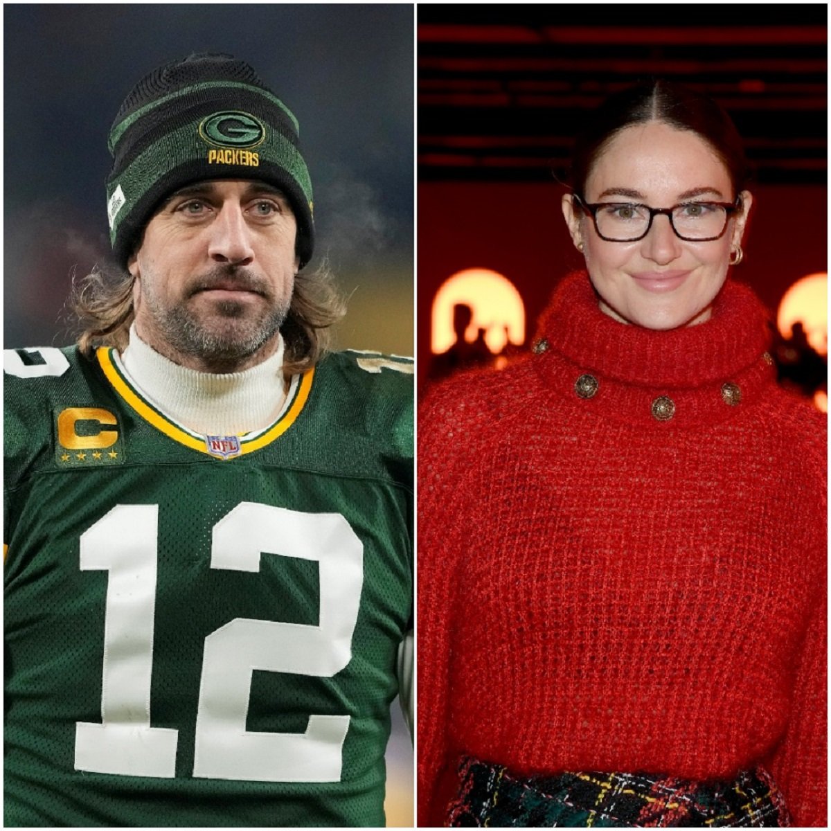 (L): Aaron Rodgers walking off the field after a Green Bay Packers win, (R): Shailene Woodley smiles for photo at Balmain show during Paris Fashion Week