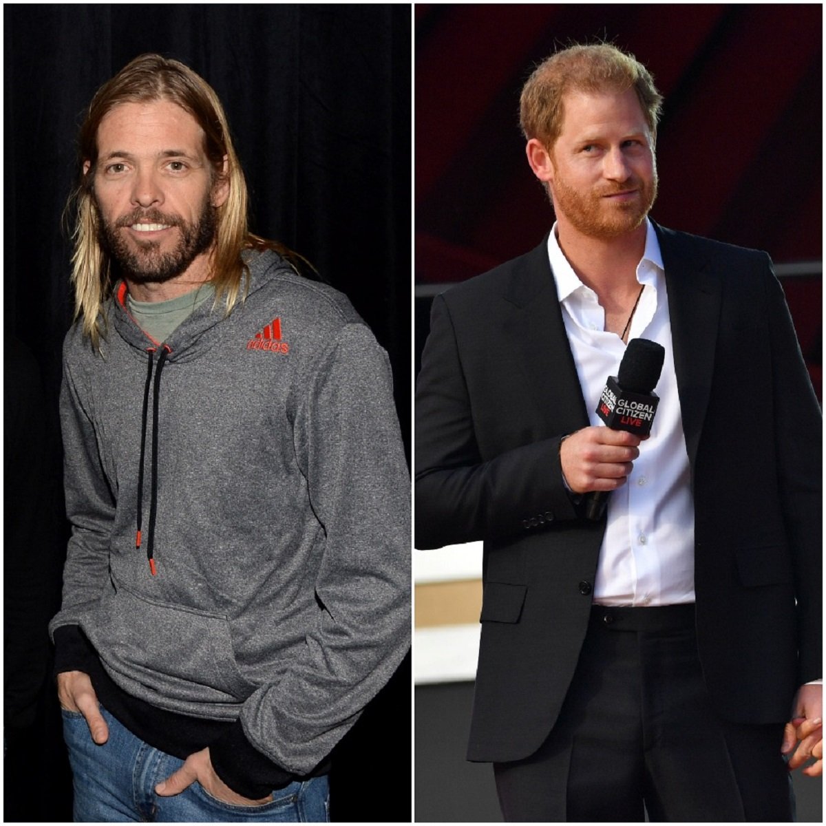 (L) Foo Fighters drummer Taylor Hawkins, who Prince Harry once smacked, poses for a photo at concert. (R) Prince Harry on stage at Global Citizen Live holding a microphone