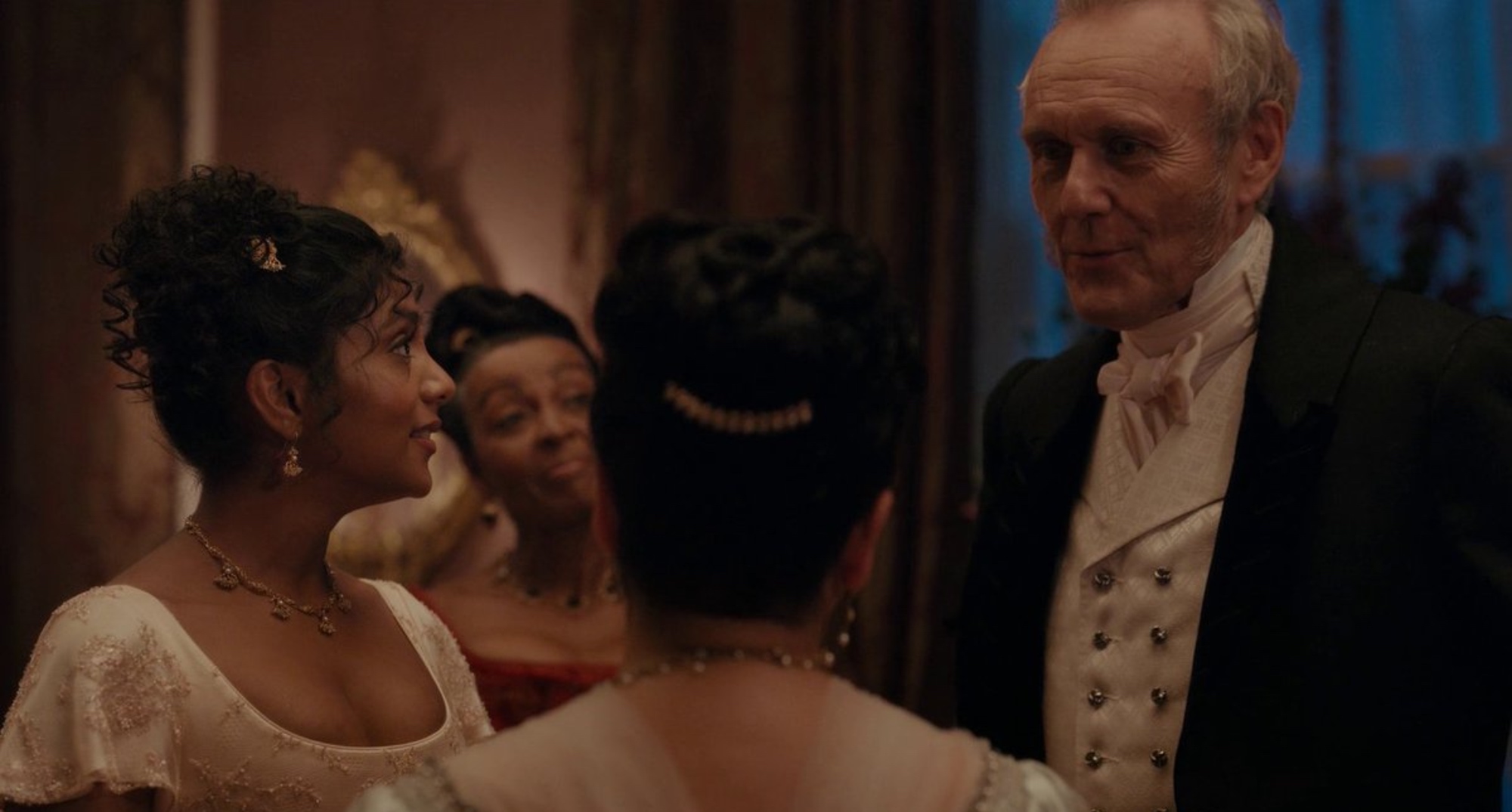 Lady and Lord Sheffield in 'Bridgerton' Season 2 talking to Edwina.