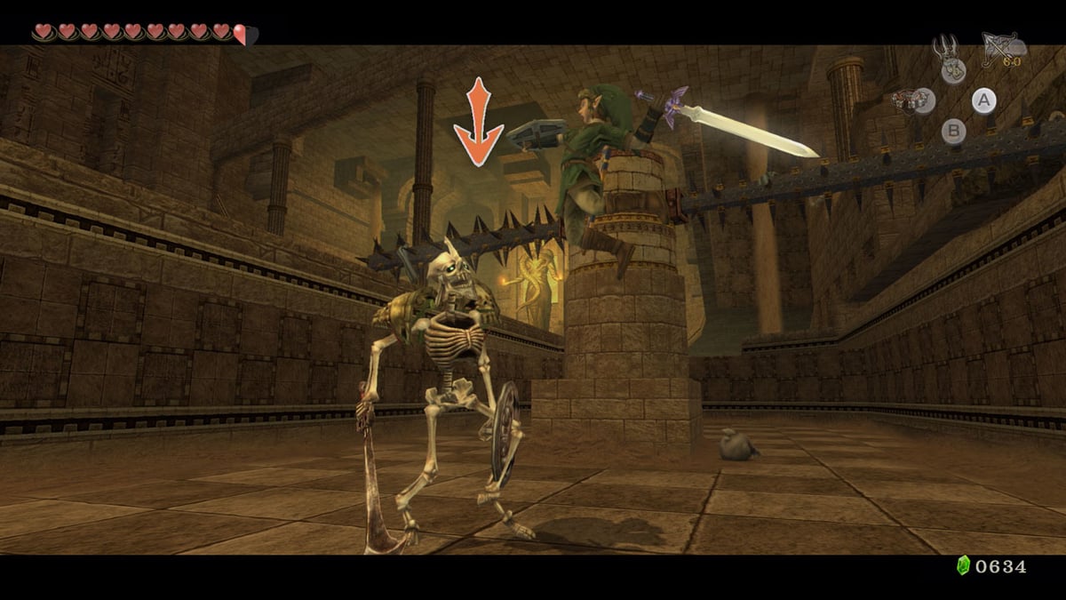 Link fighting a Stalfos with the Master Sword in 'The Legend of Zelda: Twilight Princess HD'