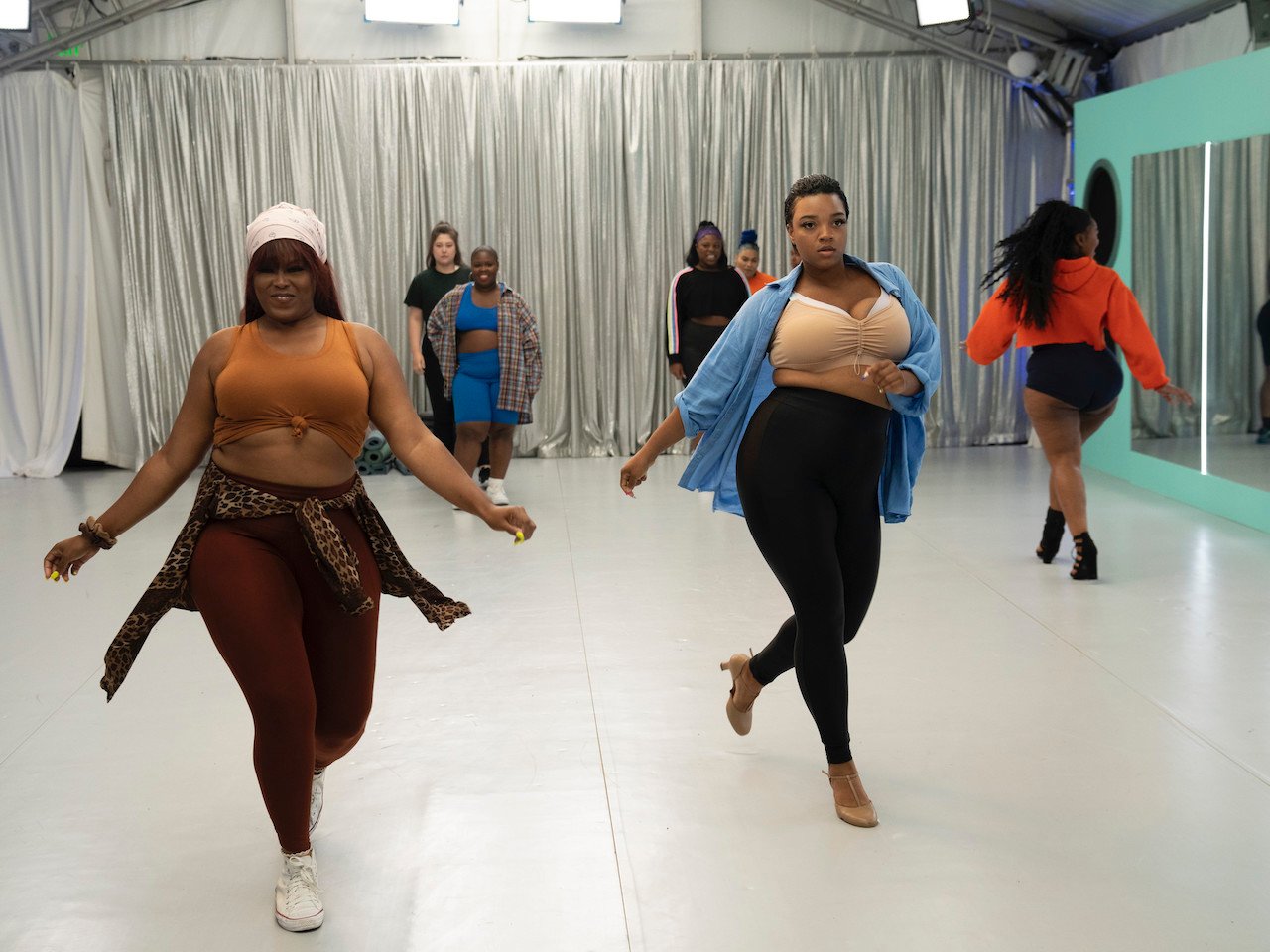Jasmine Morrison and Ashley Williams dance front and center in rehearsal on 'Lizzo's Watch Out for the Big Grrrls'.