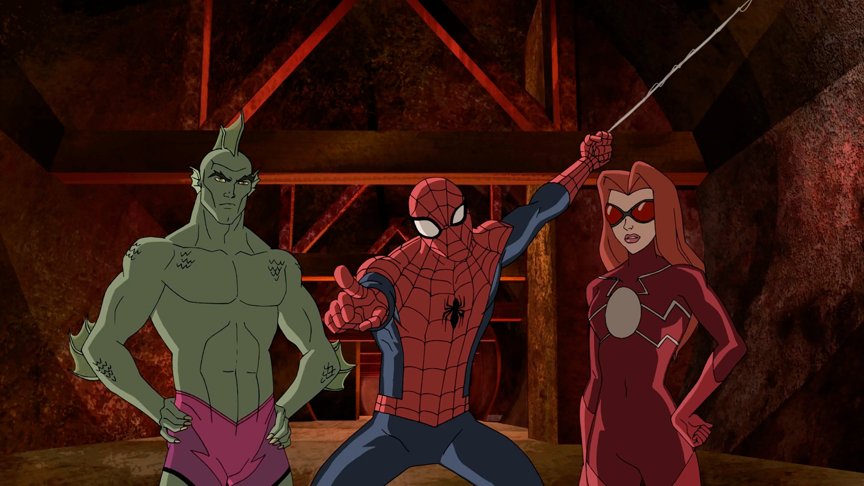 Triton, Spider-Man and Madame Web  are seen in 'Marvel's Ultimate Spider-Man vs. The Sinister 6'
