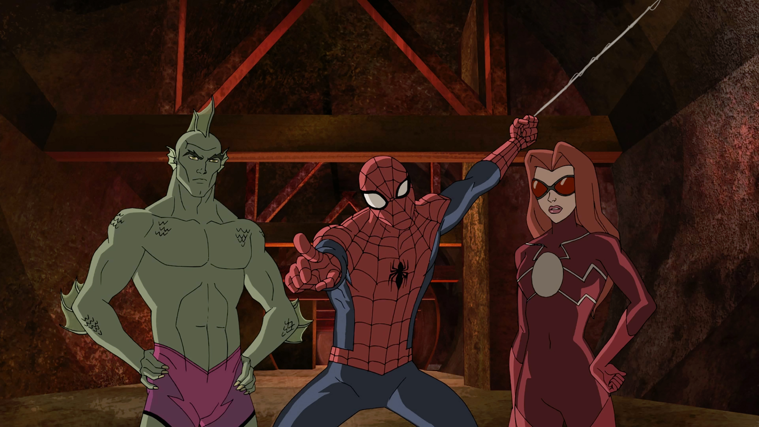 Triton, Spider-Man and Madame Web  are seen in 'Marvel's Ultimate Spider-Man vs. The Sinister 6'