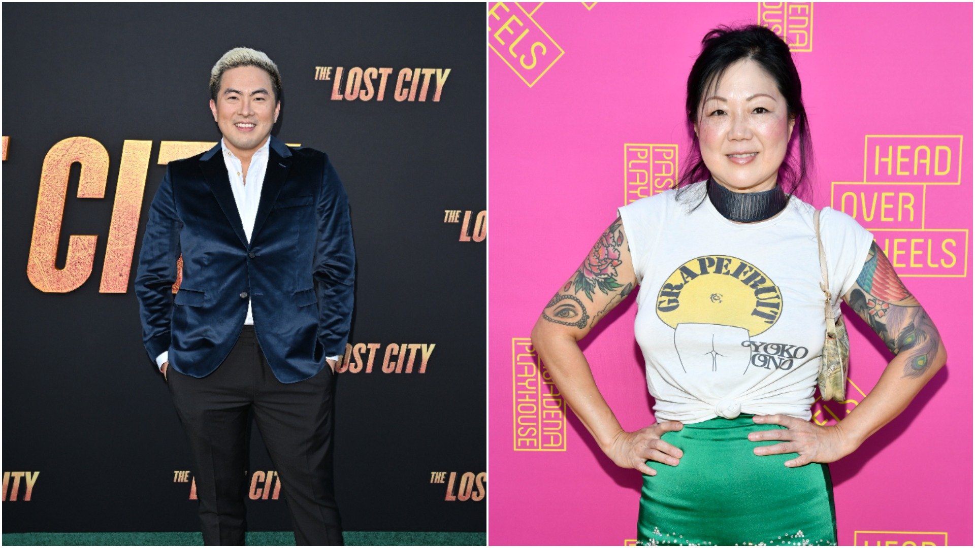 Bowen Yang from 'SNL' walks the red carpet and smiles. In a separate event, Margaret Cho smiles for cameras on the step and repeat. 