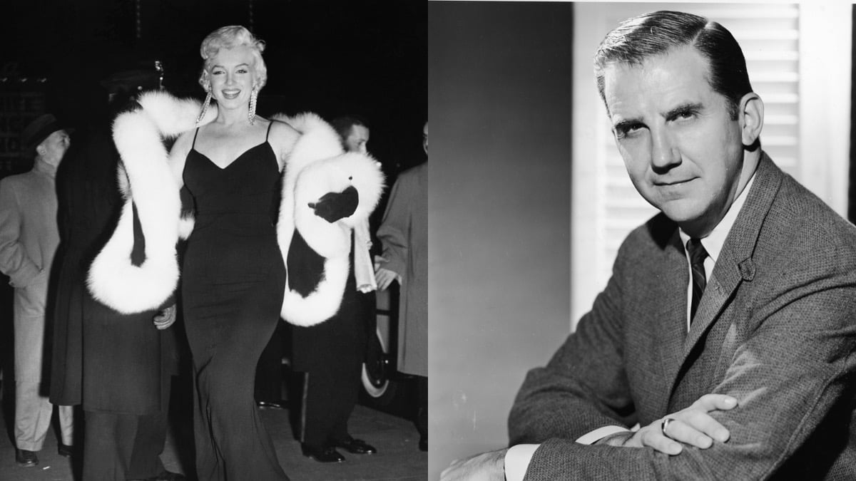 Black and white photos: (L) Marilyn Monroe poses in a dress and shoulder wrap (R) Ed McMahon poses in a suit and tie