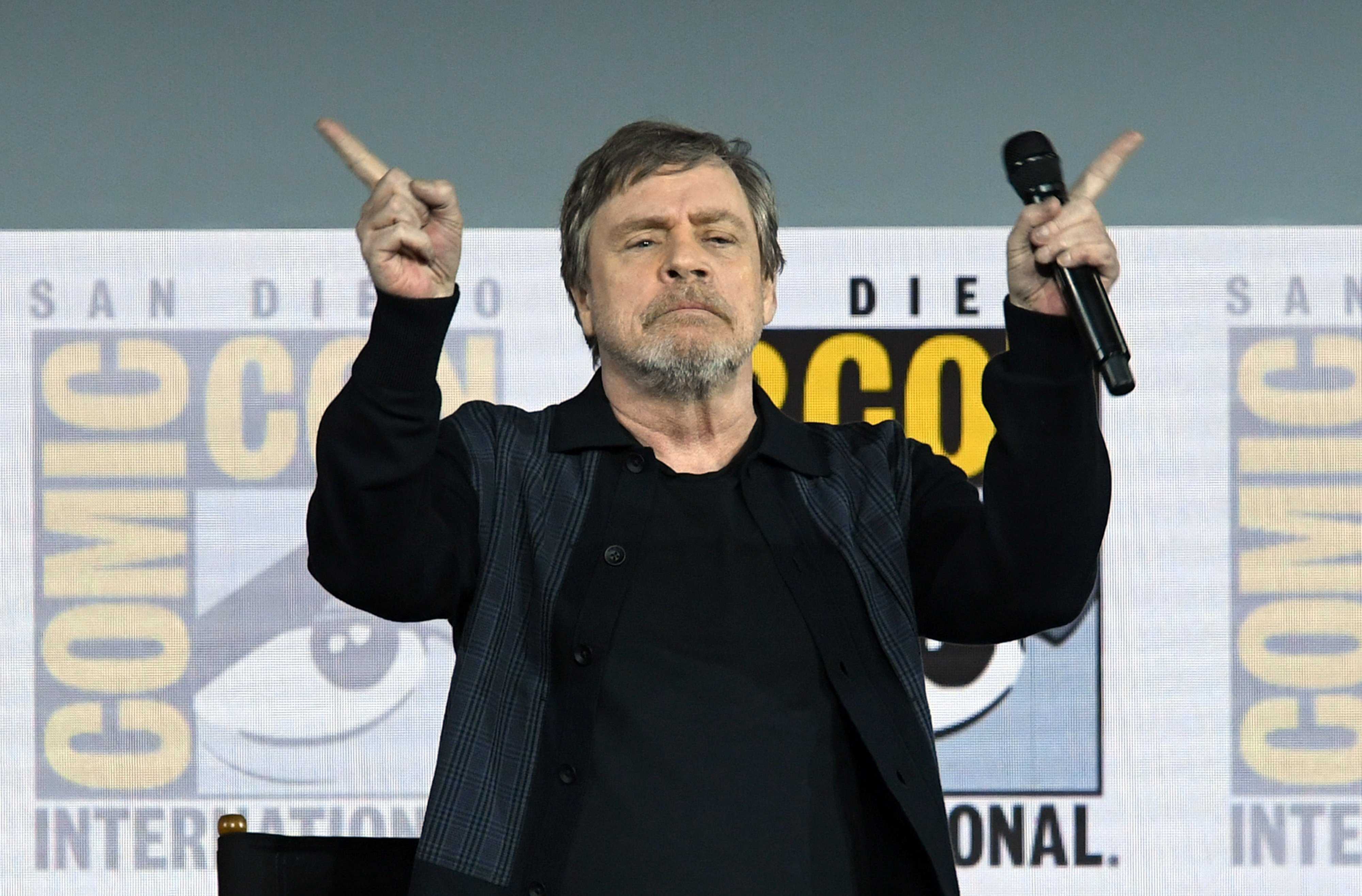 Mark Hamill from Star Wars speaks at a 2019 comic con panel for Netflix's The Dark Crystal: Age of Resistance