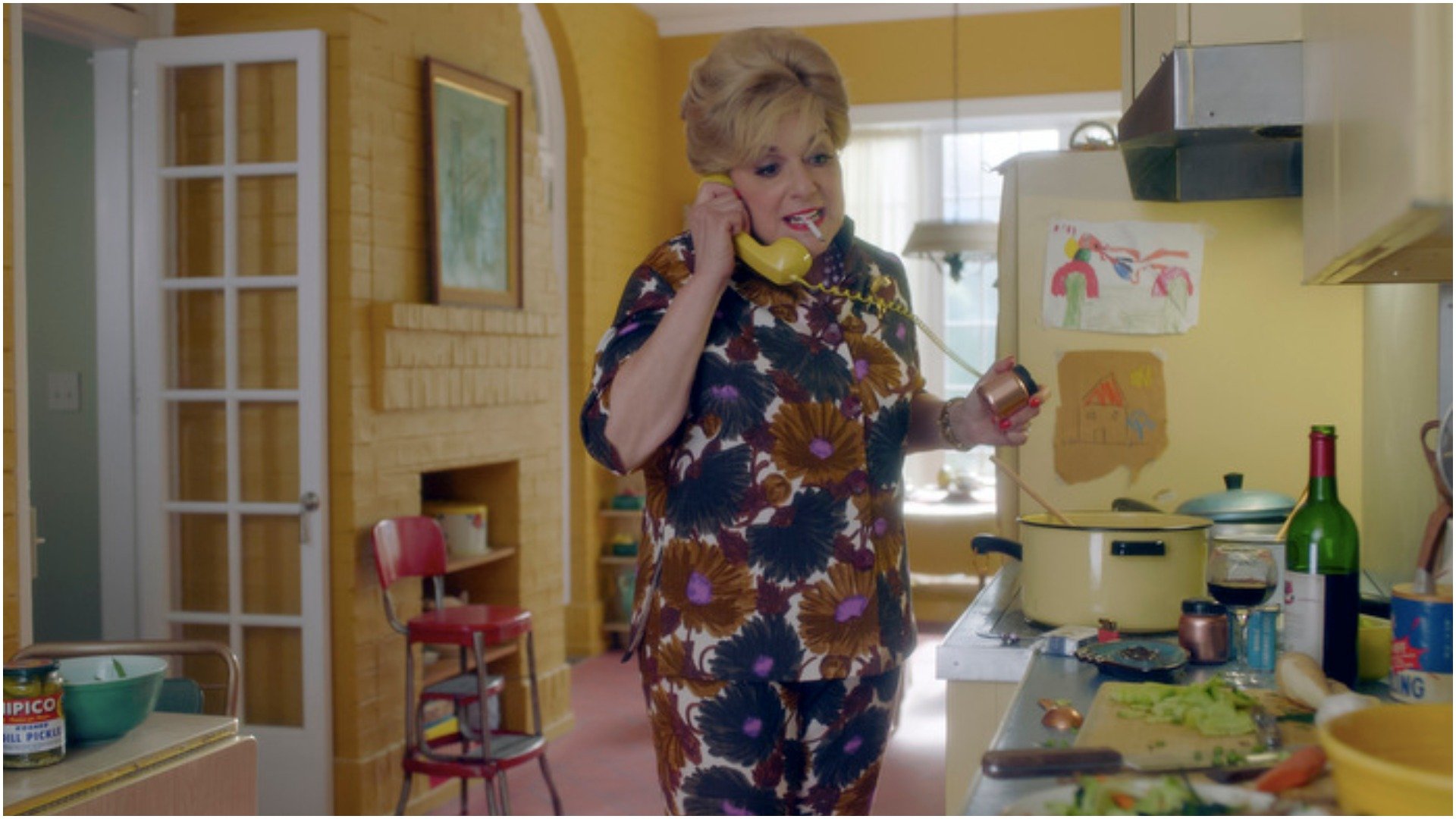 Caroline Aaron as Shirley Maisel in 'The Marvelous Mrs. Maisel' talks on the phone while smoking