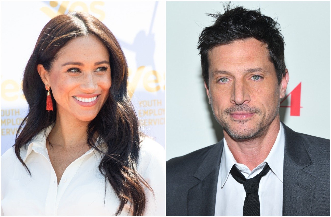 Meghan Markle looking to the right in a white outfit, Simon Rex looking toward the camera in a gray suit