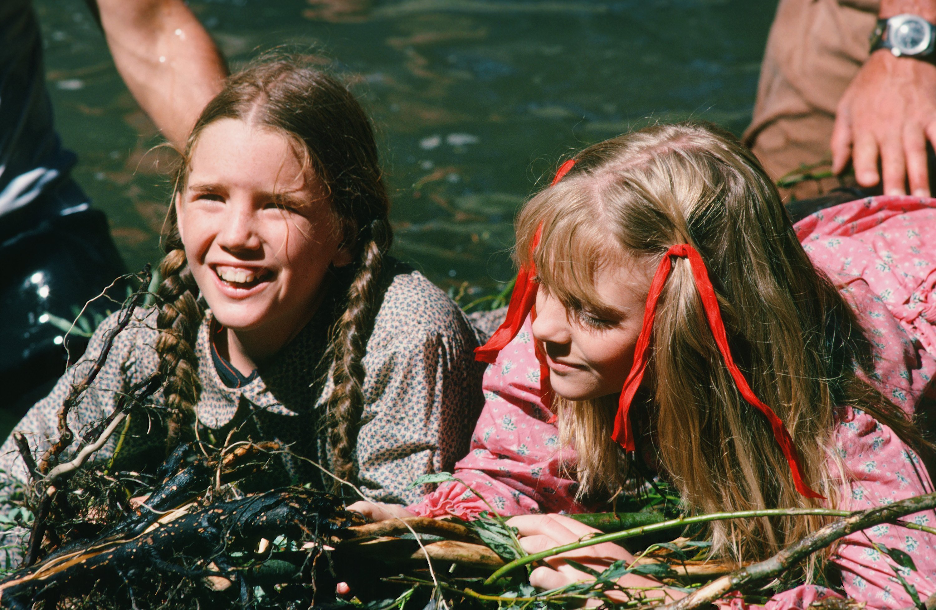 Melissa Gilbert and Alison Arngrim on the set of Little House on the Prairie.