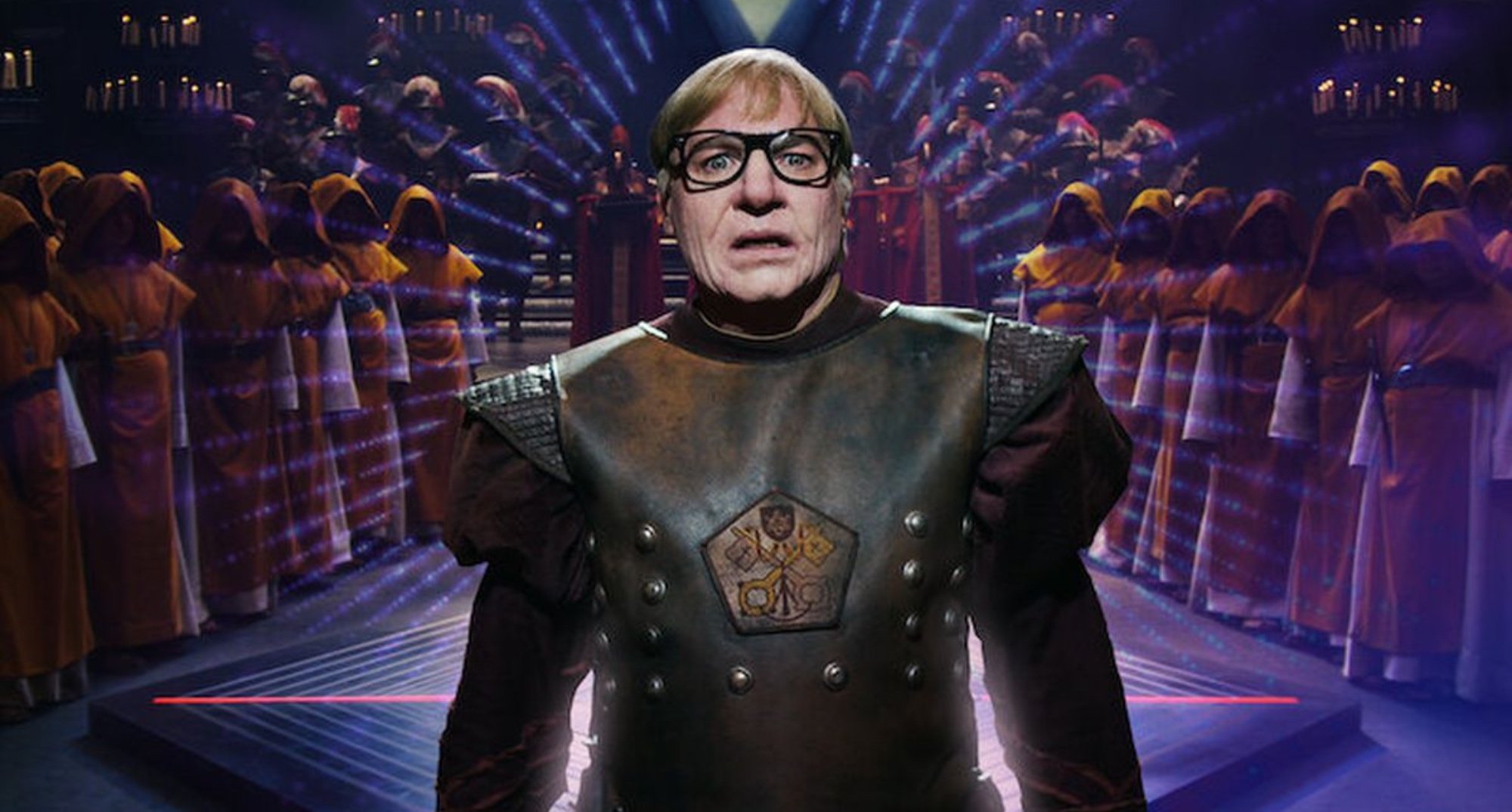 Mike Myers 'The Pentaverate' limited series wearing a suit of armor.