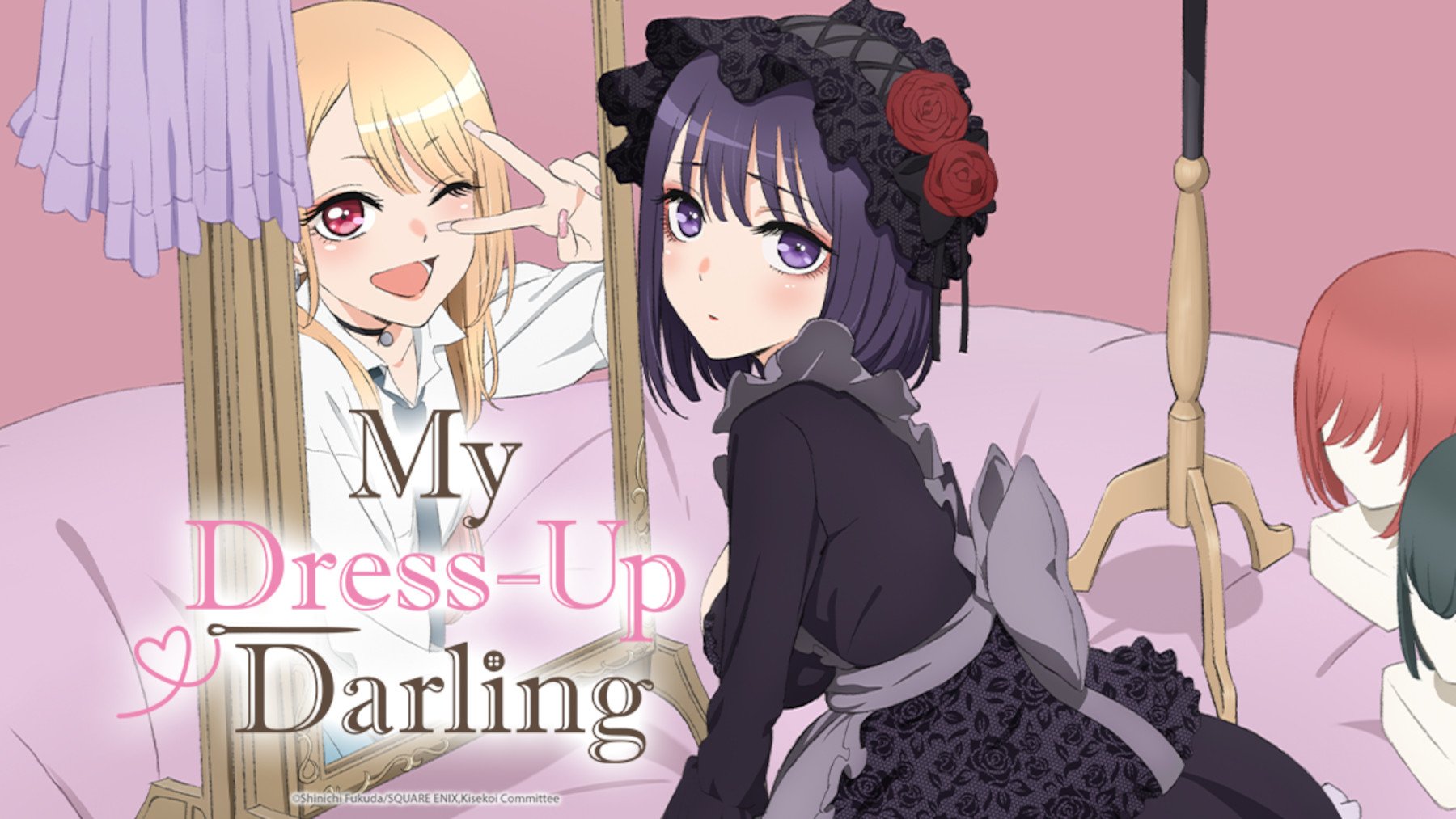 Key art for 'My Dress-Up Darling' showing Marin Kitagawa in cosplay and with her usual look.