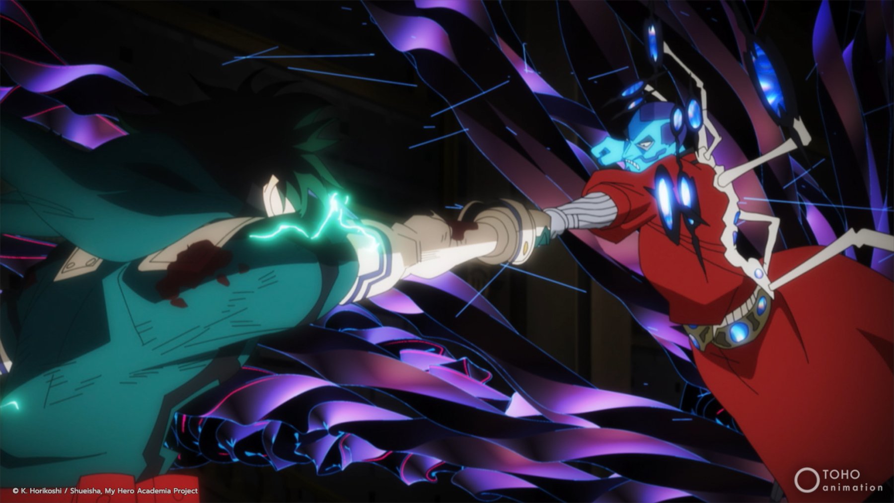 Screenshot of the final fight sequence in 'My Hero Academia: World Heroes' Mission.' It shows Deku punching Flect Turn, and the villain mirroring his attack.