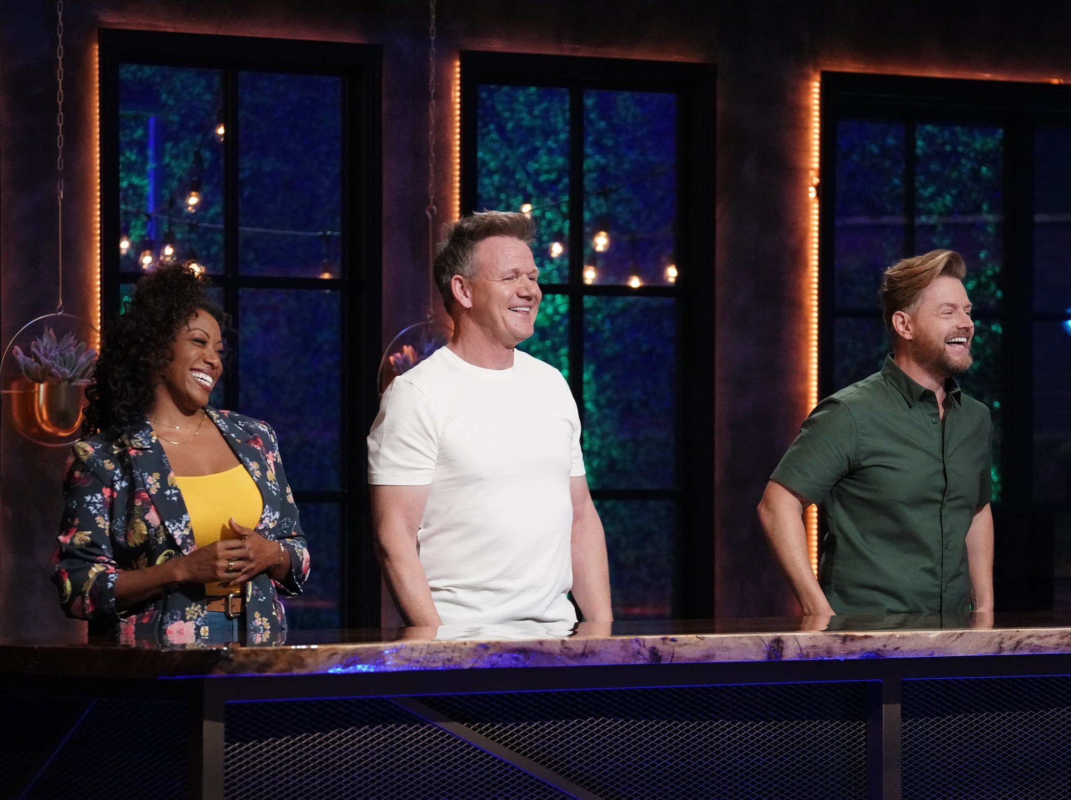 Nyesha Arrington, Gordon Ramsay, and Richard Blaise standing next to each other and laughing in 'Next Level Chef'