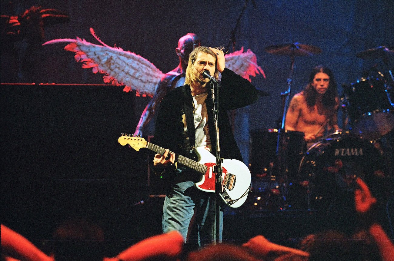 Kurt Cobain and Dave Grohl of Nirvana performing at an MTV event in 1993.