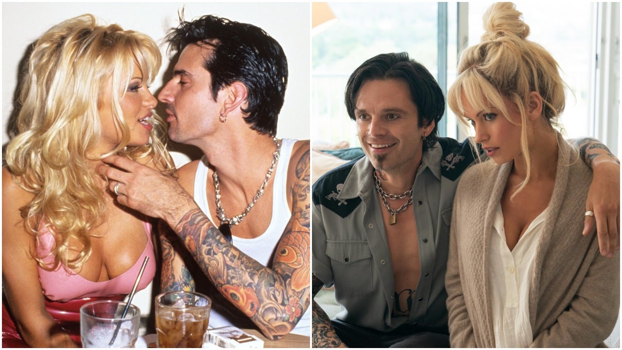 Pamela Anderson and Tommy Lee; Tommy (Sebastian Stan) and Pam (Lily James) in an episode of Hulu's 'Pam and Tommy'
