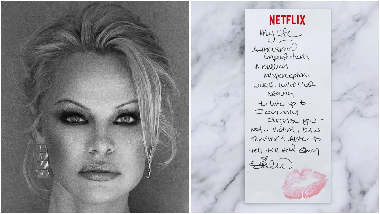 Pamela Anderson's headshot; a note from Pamela Anderson promoting her Netflix documentary