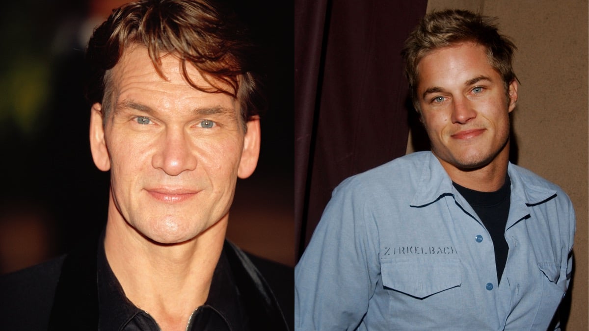 (L) Patrick Swayze close up in a black shirt, smiling slightly c. 2004 (R) Travis Fimmel close up in a blue shirt, smiling slightly c. 2004