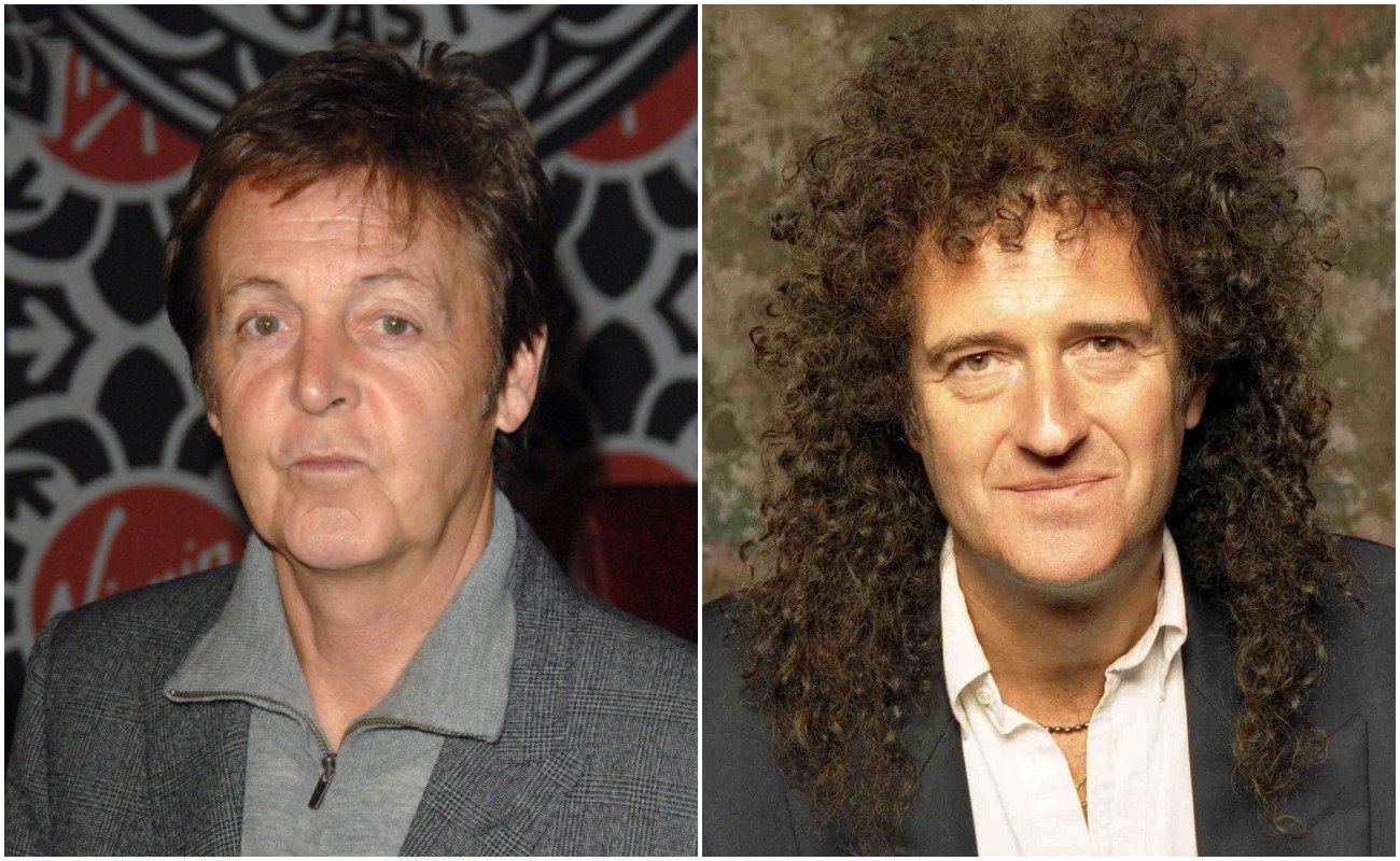 Paul McCartney at a CD signing at Virgin Megastore, 2006. Brian May posing in a suit in 2004. 