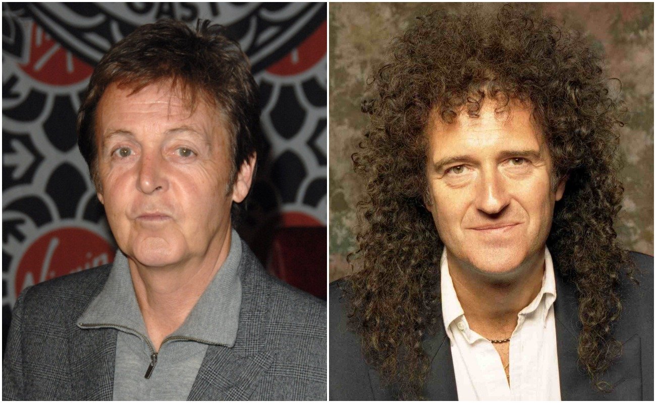 Paul McCartney at a CD signing at Virgin Megastore, 2006. Brian May posing in a suit in 2004.