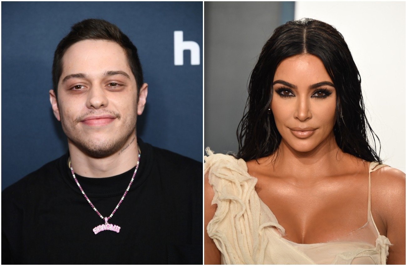 Pete Davidson wearing a black shirt in front of a dark background, Kim Kardashian wearing heavy makeup and a white off-shoulder dress