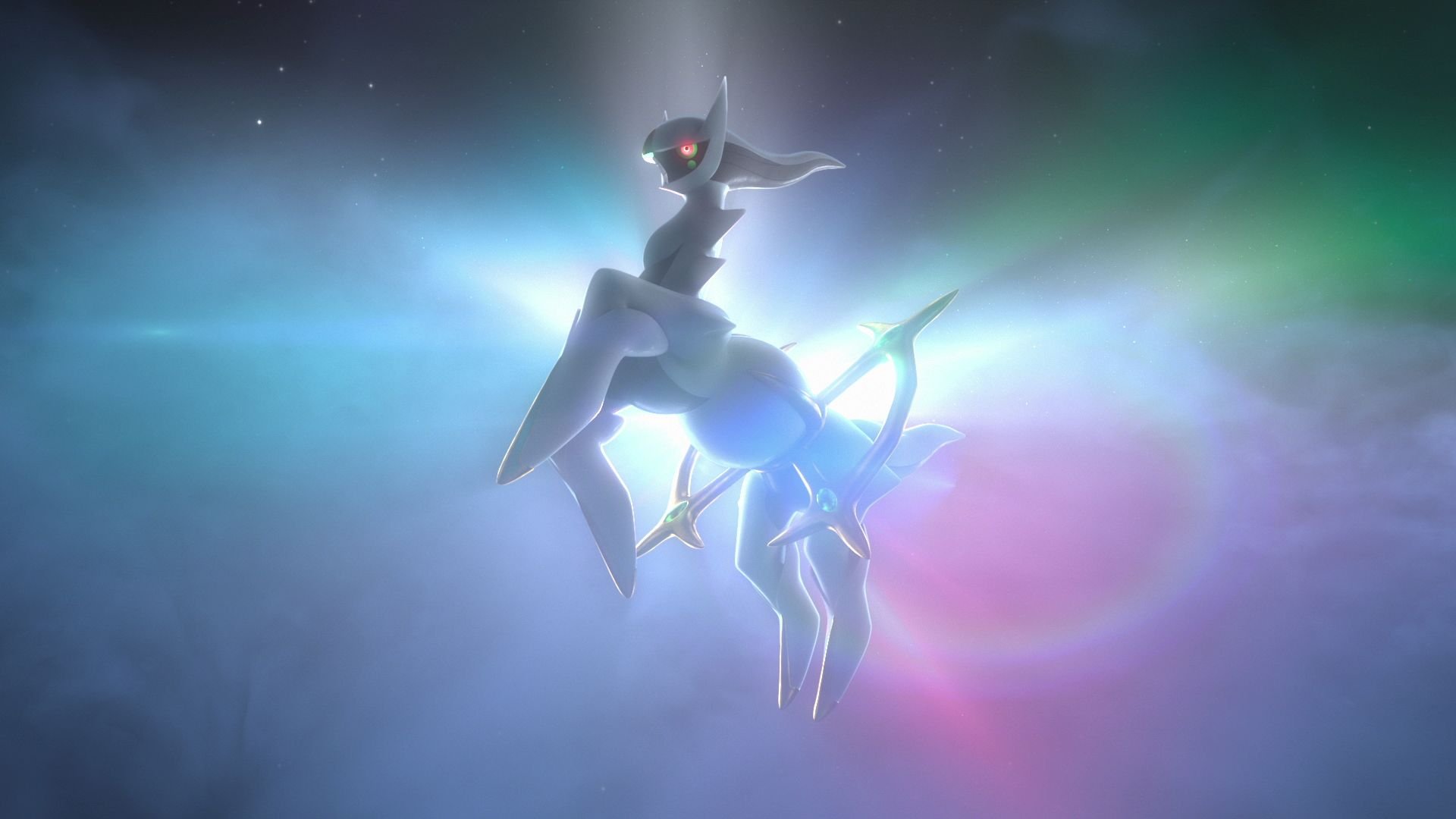 Screenshot of Arceus in 'Pokémon: Legends Arceus'. It's standing on its back legs and surrounded by colors.