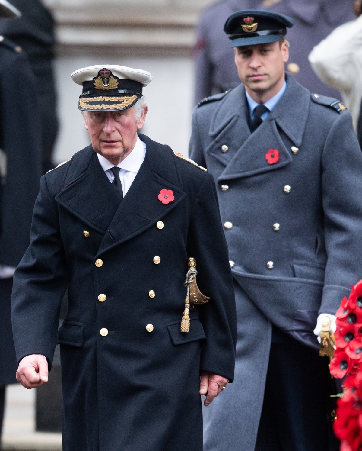 Prince Charles and Prince William dressed in their military uniforms at the National Service of Remembrance at The Cenotaph