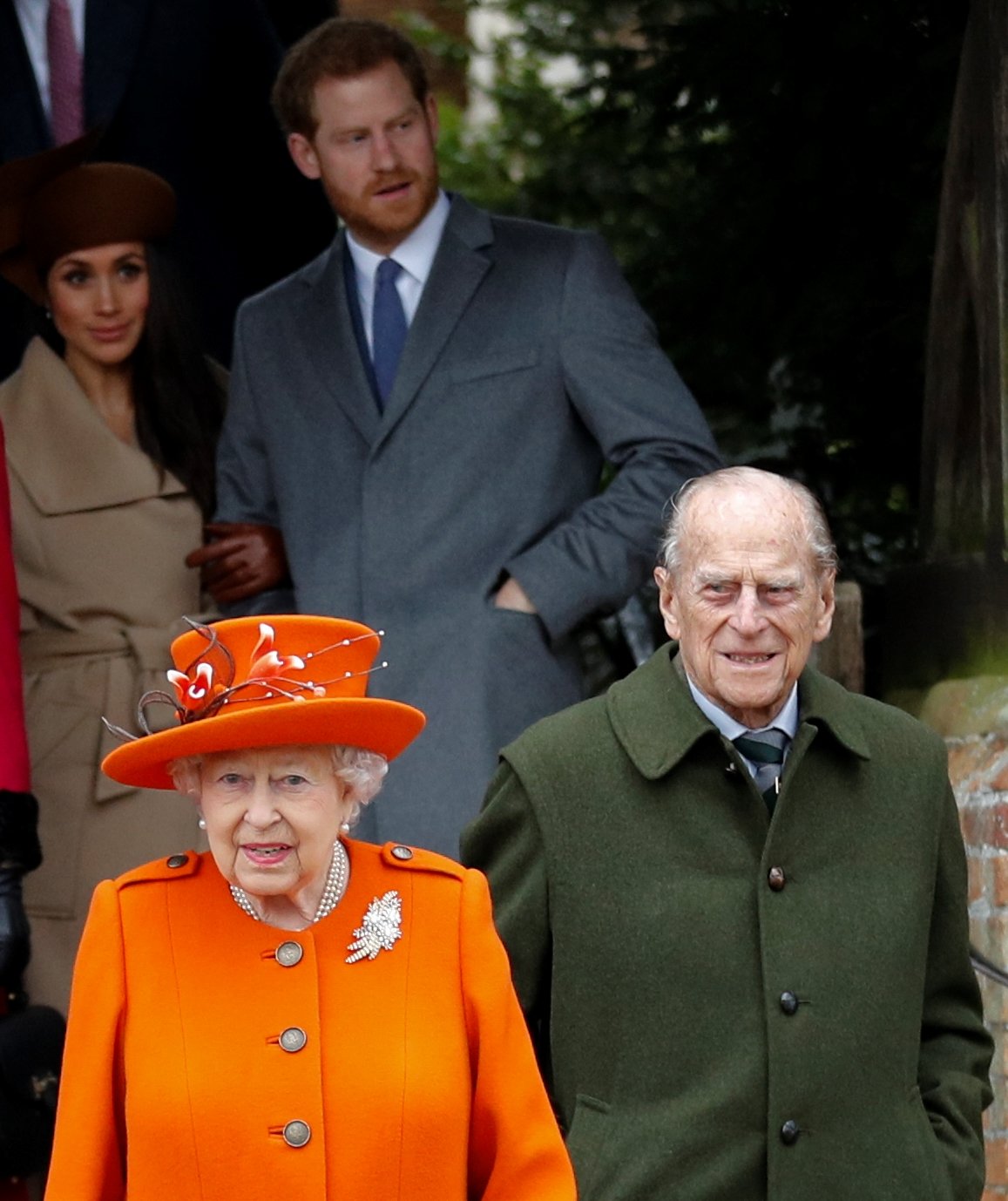 Prince Harry, Meghan Markle, Queen Elizabeth II, and Prince Philip leaving a Christmas Day church service in 2017