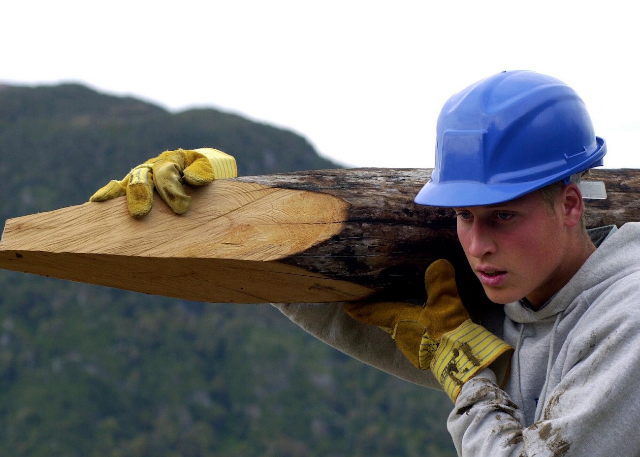 Prince William carrying a log and wearing a hard hat