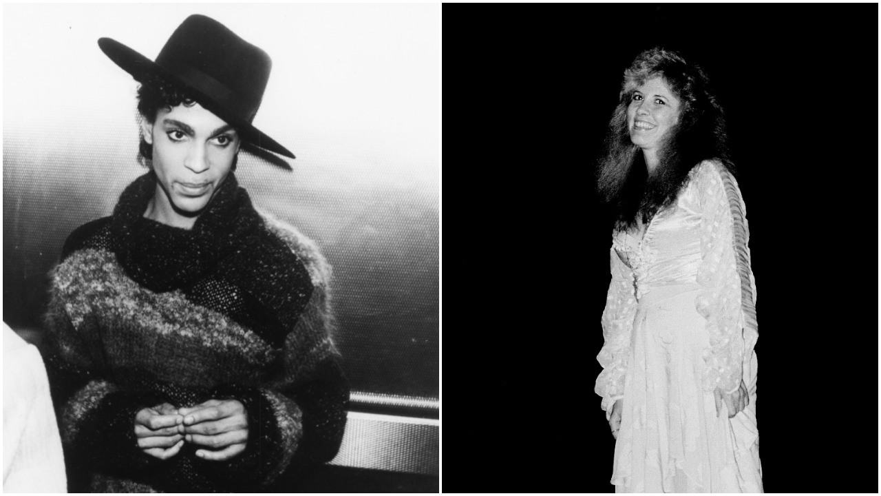 A black and white photo of the singer Prince wearing a hat and a sweater. Musician Stevie Nicks wears a long white dress.