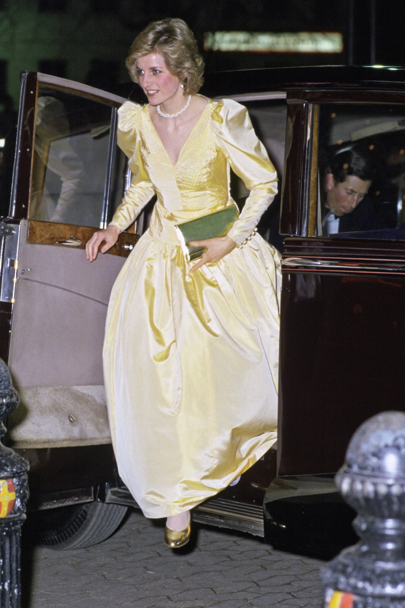 Princess Diana Arriving In Rolls Royce Limousine Car For The Premiere Of The Film 2010 In London Wearing A Satin Evening Dress Designed By Fashion Designer Murray Arbeid