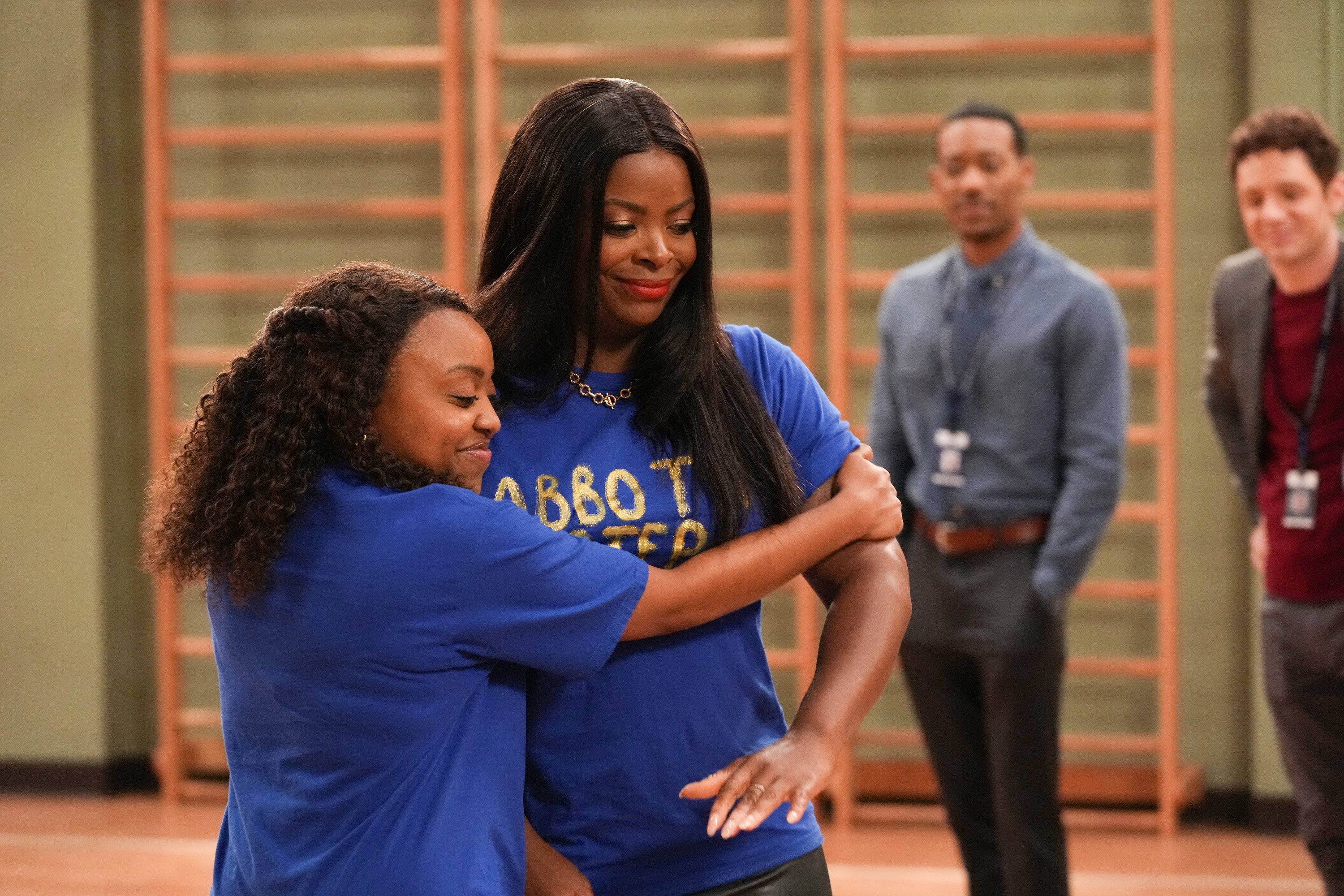 Quinta Brunson hugging Janelle James during an episode of 'Abbott Elementary'