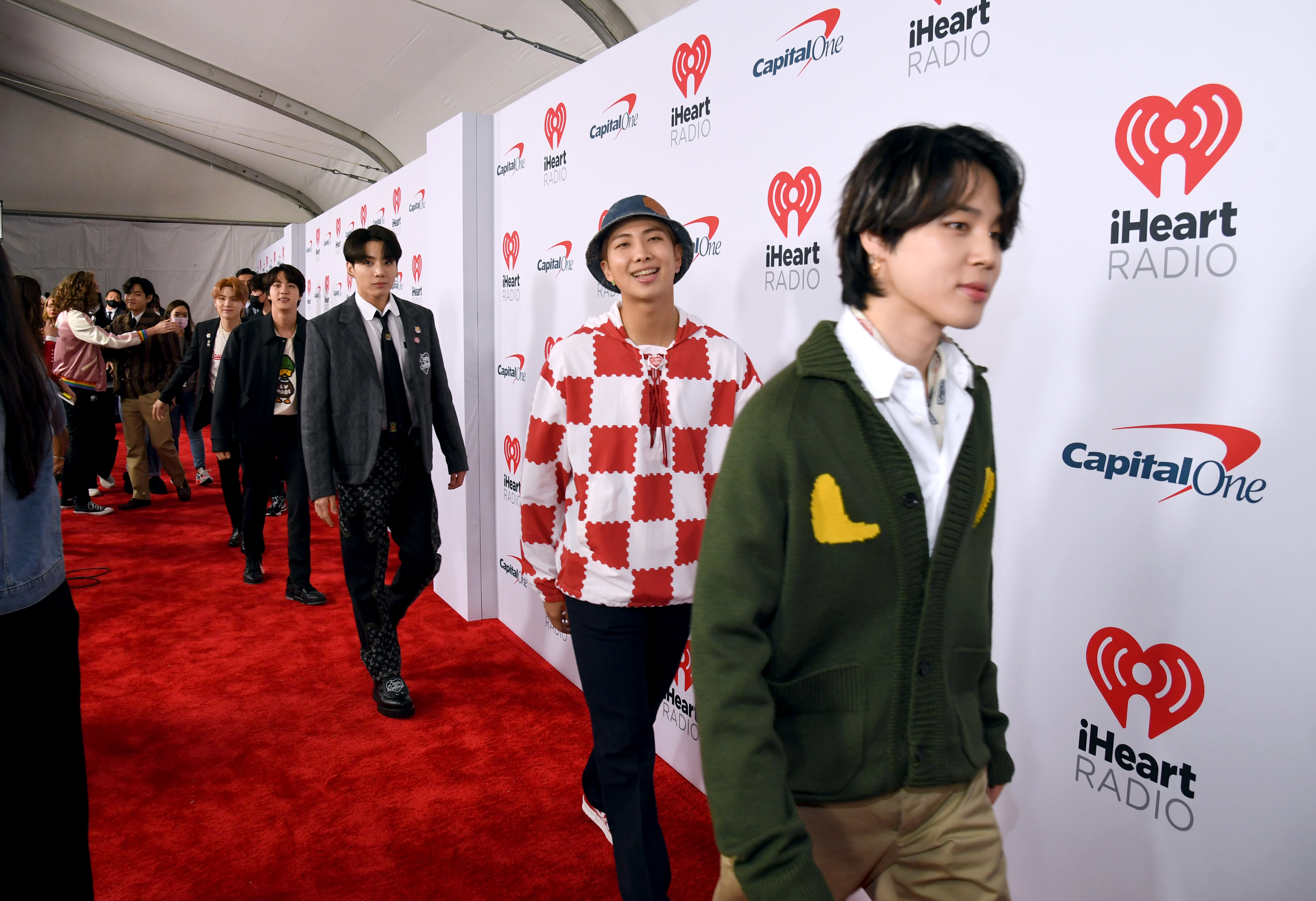 V, Suga, Jin, Jungkook, RM, and Jimin of BTS attends iHeartRadio 102.7 KIIS FM's Jingle Ball 2021