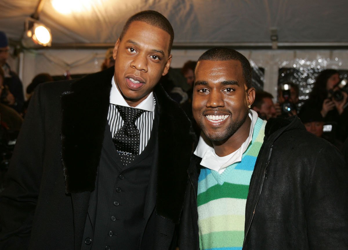 Rappers Jay-Z and Kanye West arrive for the world premiere of 'Fade to Black' in 2004 at the Zigfield Theater