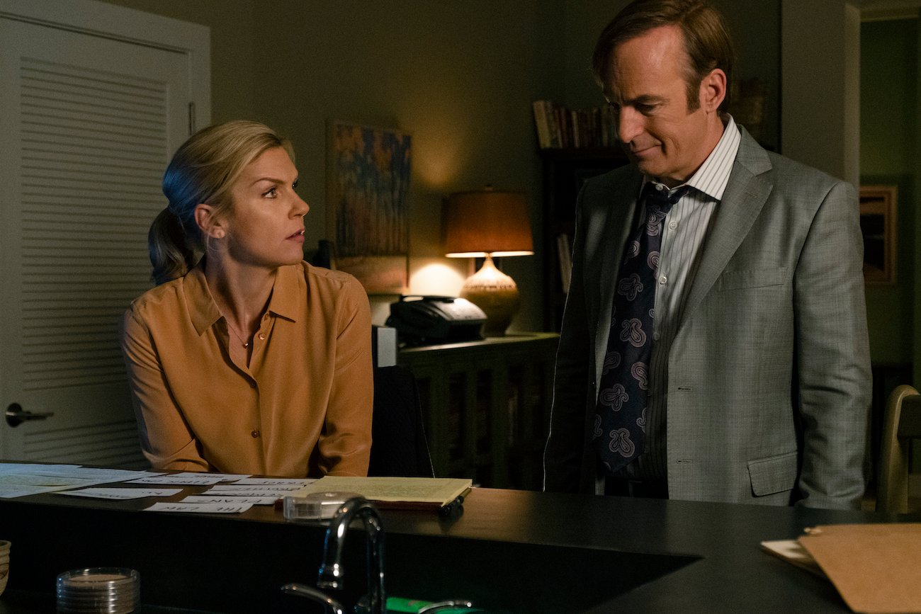 Kim Wexler (Rhea Seehorn) looks up at Jimmy McGill (Bob Odenkirk) in an episode of 'Better Call Saul'