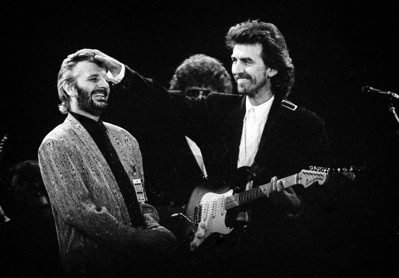 Ringo Starr and George Harrison performing during the Prince's Trust Concert in 1987.