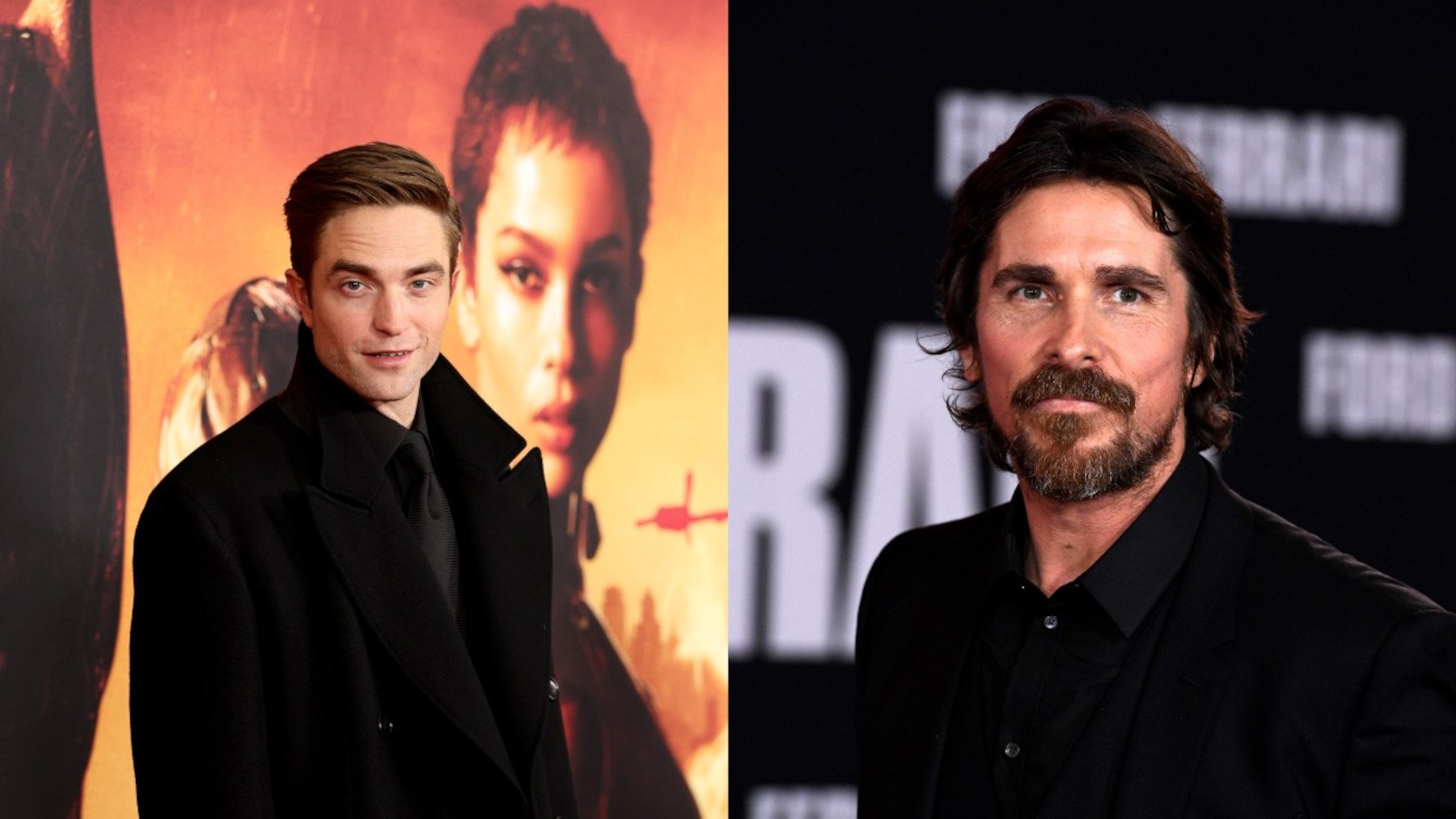 Left: A photo of Robert Pattinson wearing a black suit and standing in front of a promotional image for 'The Batman.' On the right: Christian Bale wearing a black shirt and smiling.