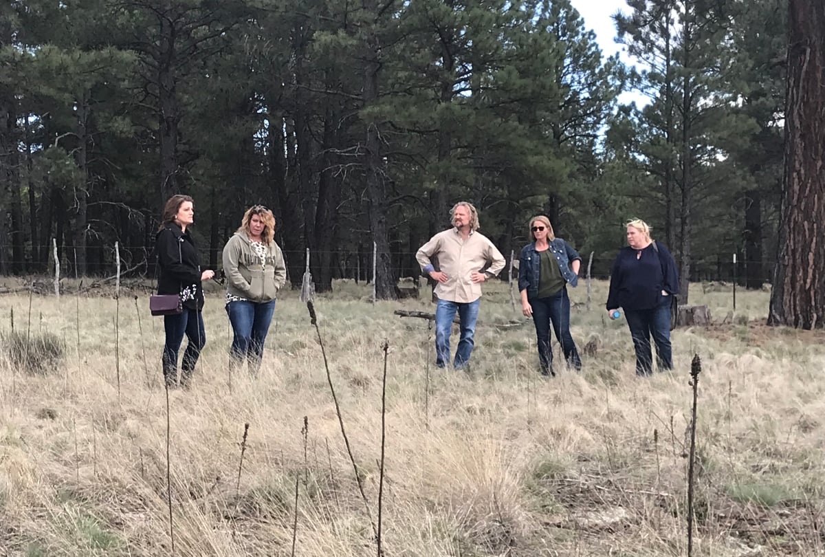 Robyn, Meri, Kody, Christine, and Janelle Brown standing together on the Coyote Pass property in Flagstaff, Arizona on'Sister Wives'