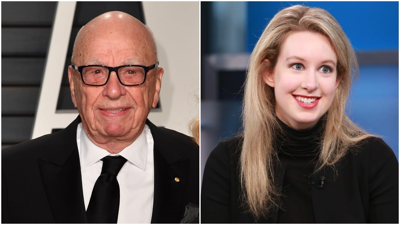 A side by side of Rupert Murdoch and Elizabeth Holmes posing for photgraphers