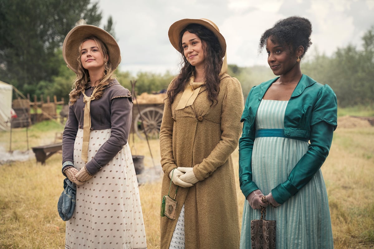 Three women in Regency-style dress in 'Sanditon' Season 2.