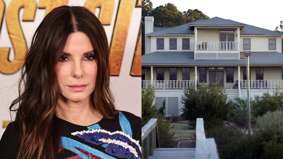 (L) Sandra Bullock poses for a picture in a colorful dress (R) A 2002 picture of the Georgia beachfront home once owned by Sandra Bullock