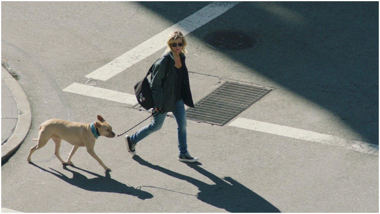 Sarma Melngailis walking her dog, Leon, across the street