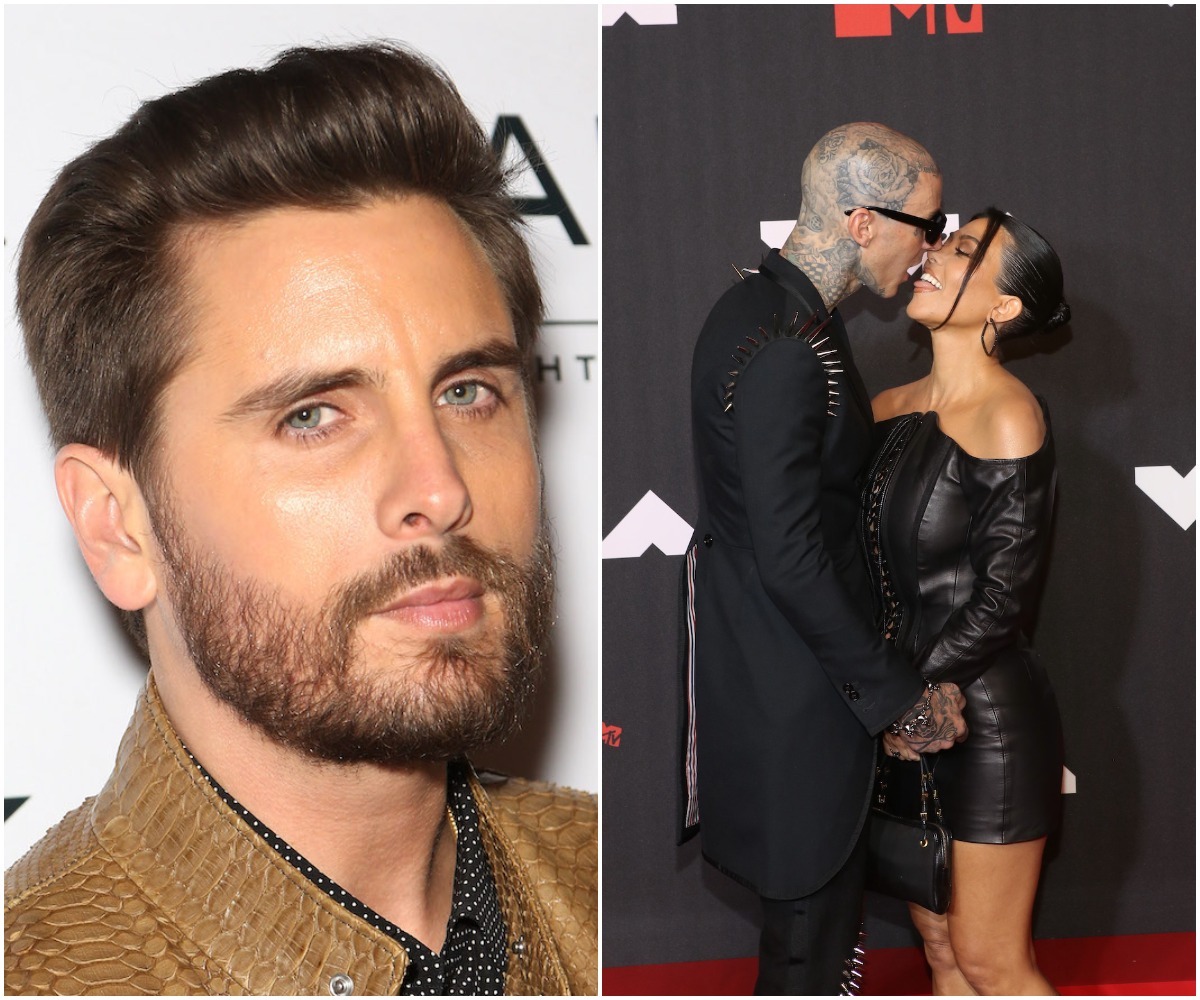 A close-up of Scott Disick's face next to an image of Travis Barker and Kourtney Kardashian kissing and smiling on a red carpet.