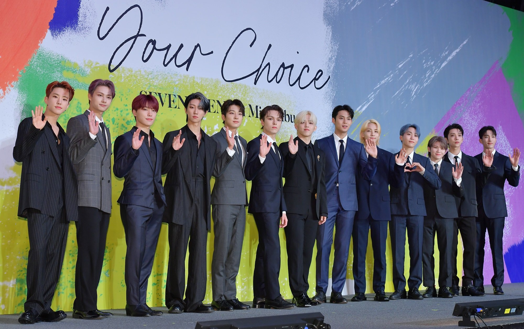 The members of Seventeen at the press conference for the band's EP 'Your Choice'