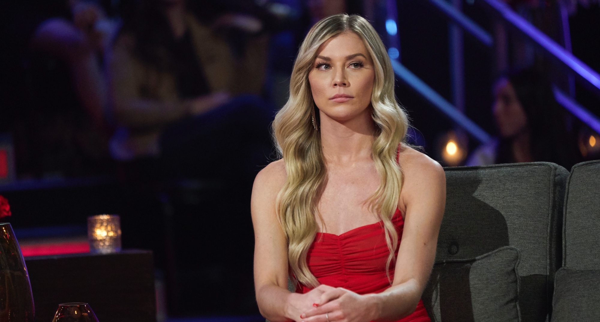 Shanae Ankney for 'The Bachelor' 'Women Tell All' episode wearing red dress.