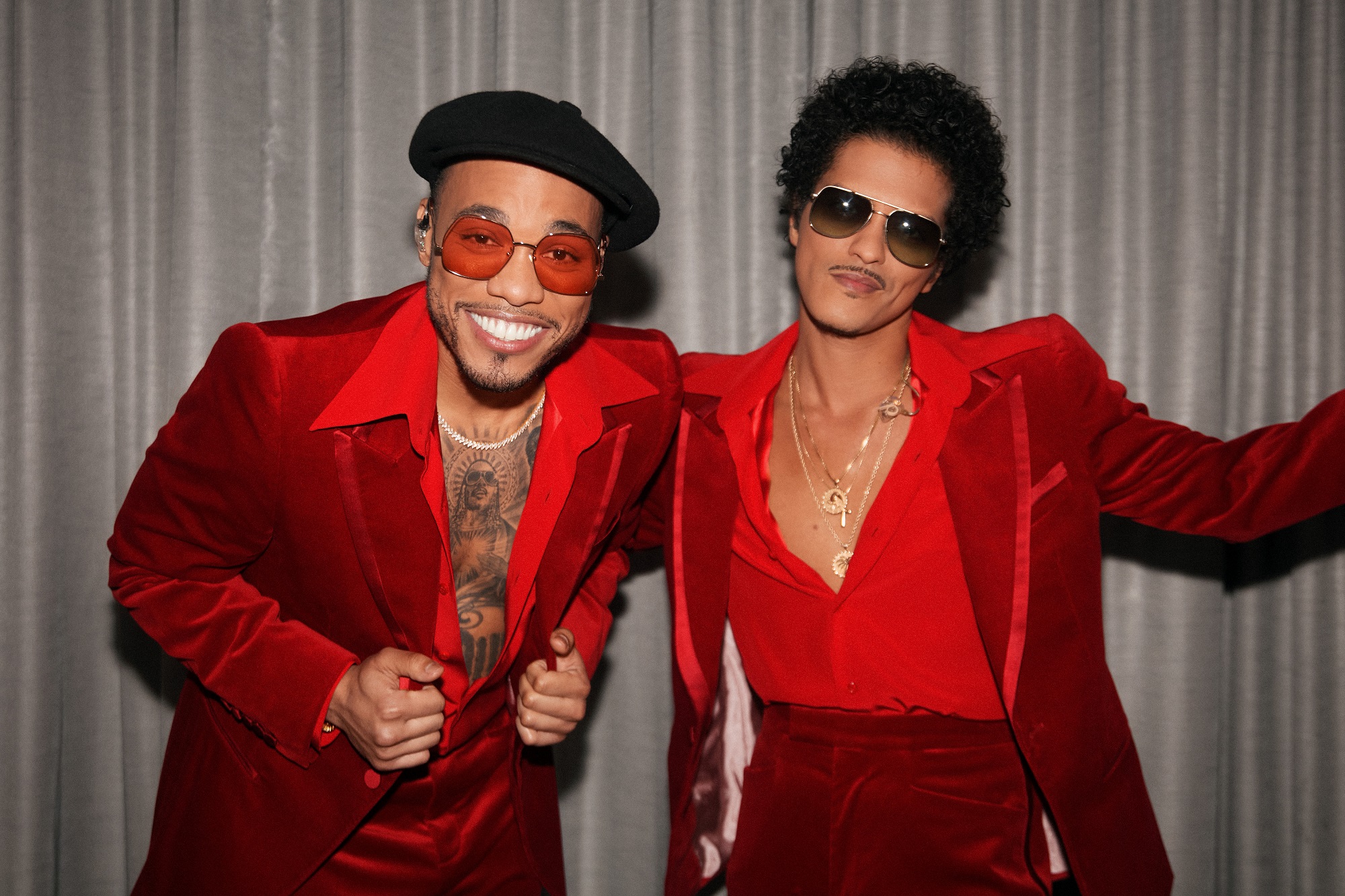 Anderson .Paak and Bruno Mars of Silk Sonic backstage at the 2021 American Music Awards