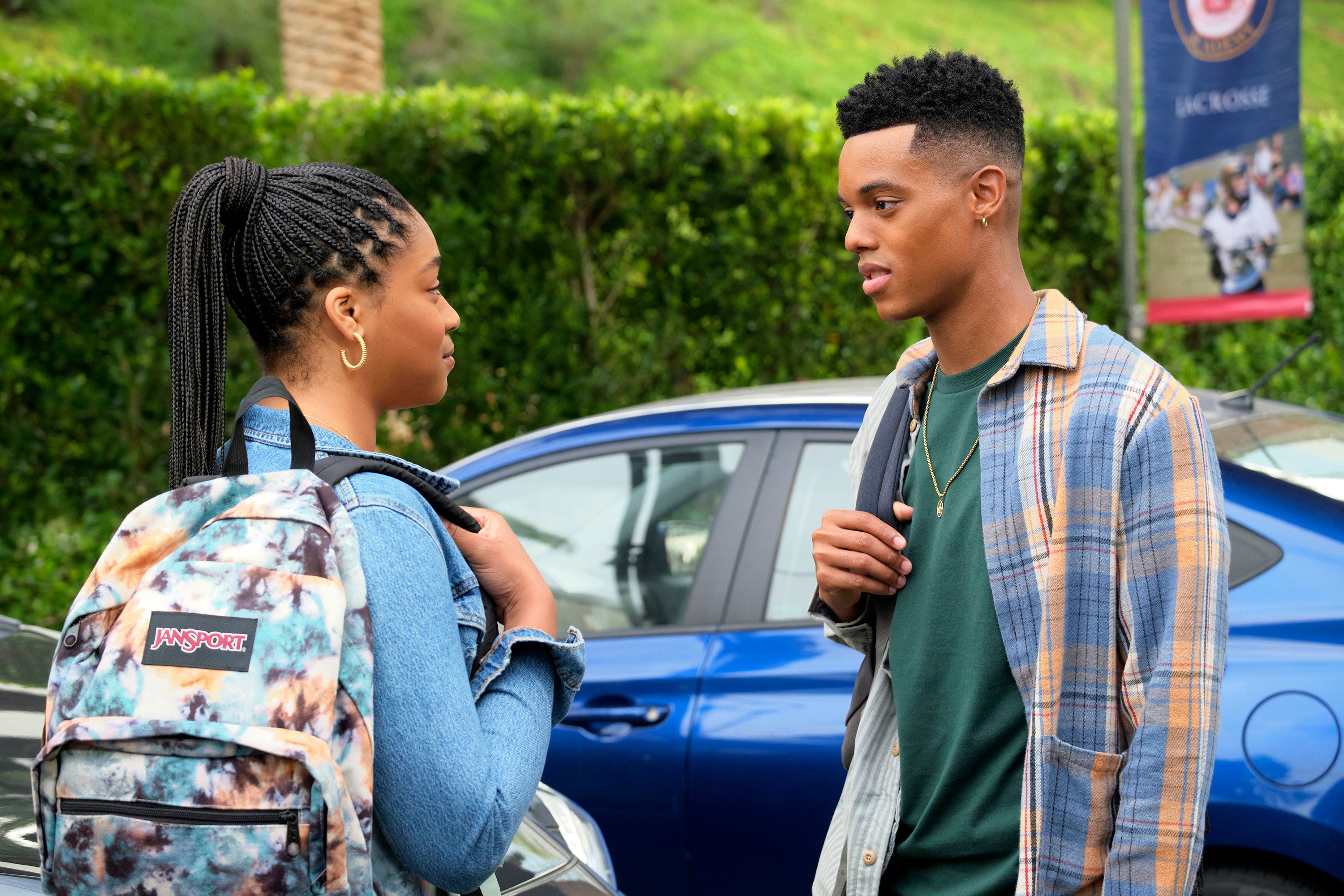 Simone Joy Jones and Jabari Banks talking during an episode of 'Bel-Air'