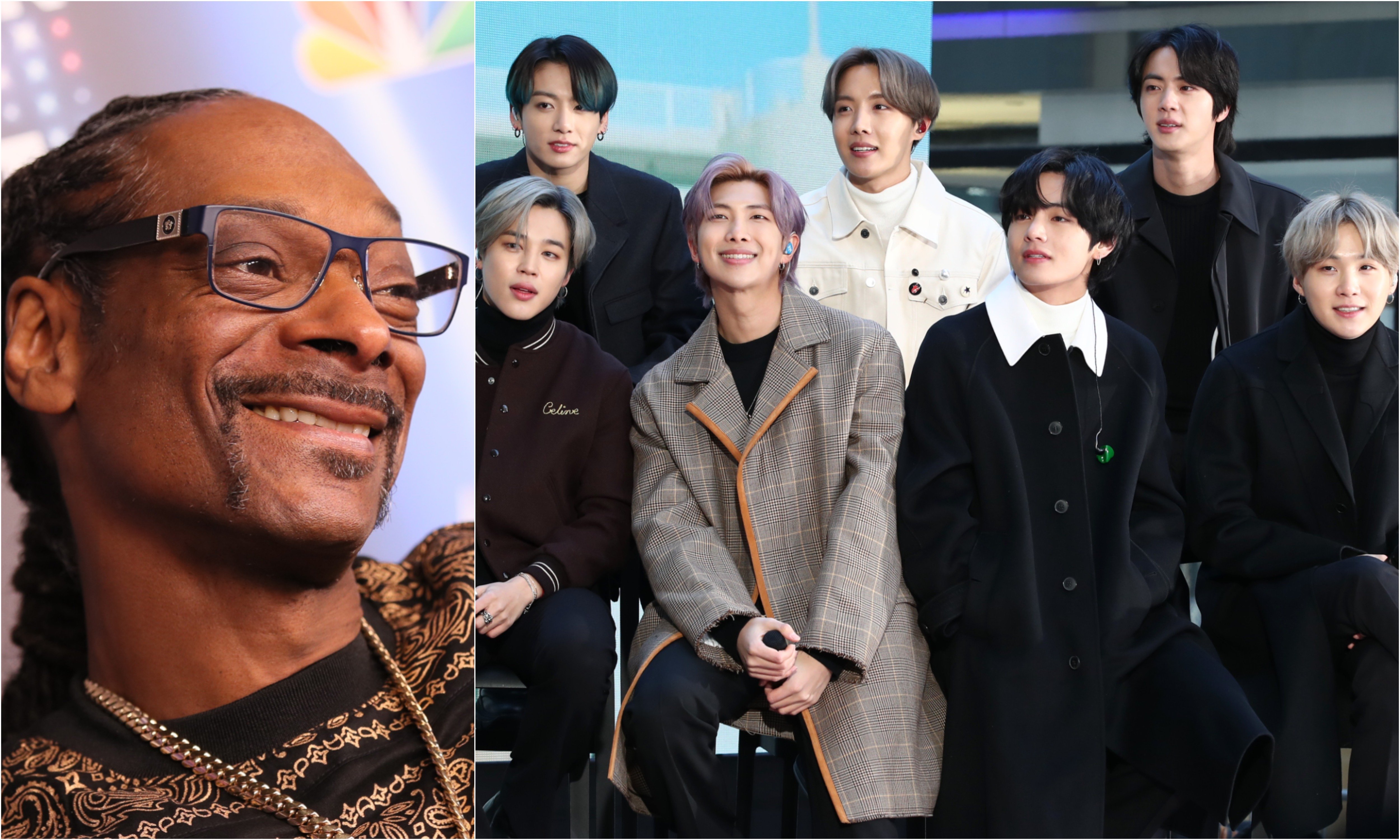 A joined photo of Snoop Dogg an the members of BTS