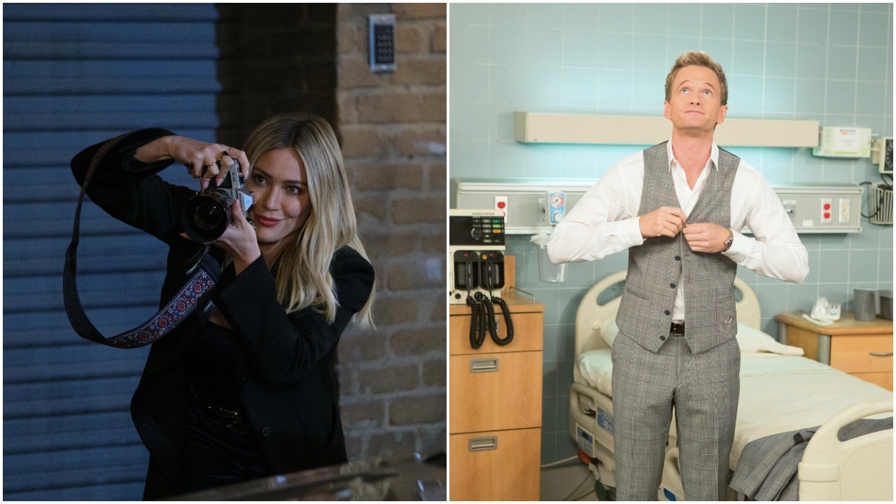 Sophie (Hilary Duff) holding a camera in 'How I Met Your Father'; Barney Stinson (Neil Patrick Harris) buttons his vest in the hospital in an episode of 'How I Met Your Mother'