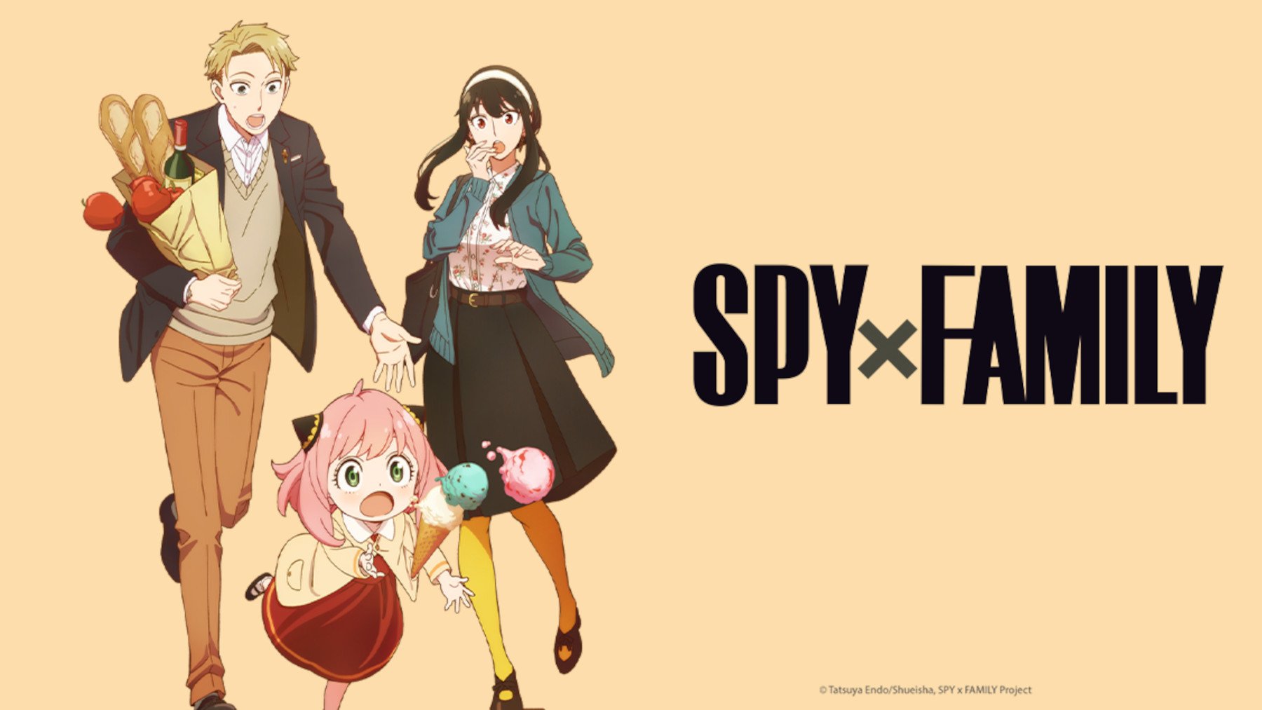 Key art for 'Spy x Family' anime adaptation. It features a seemingly normal looking family carrying groceries home.