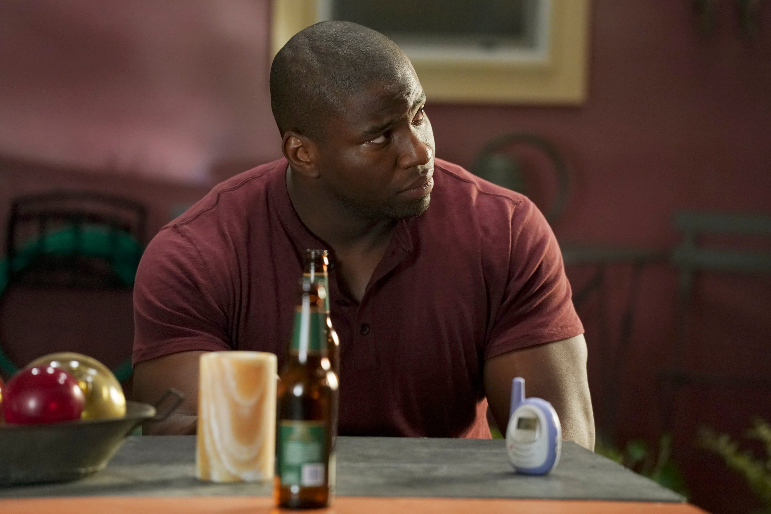 'Station 19' Okieriete Onaodowan looks worried as Dean Miller